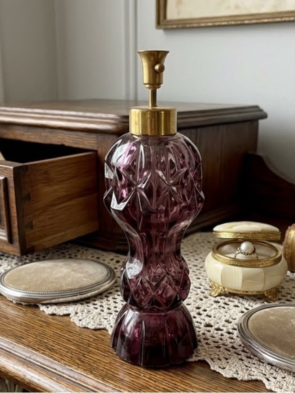 Vintage Purple Glass Atomizer Perfume bottle with Brass Pump
Empty